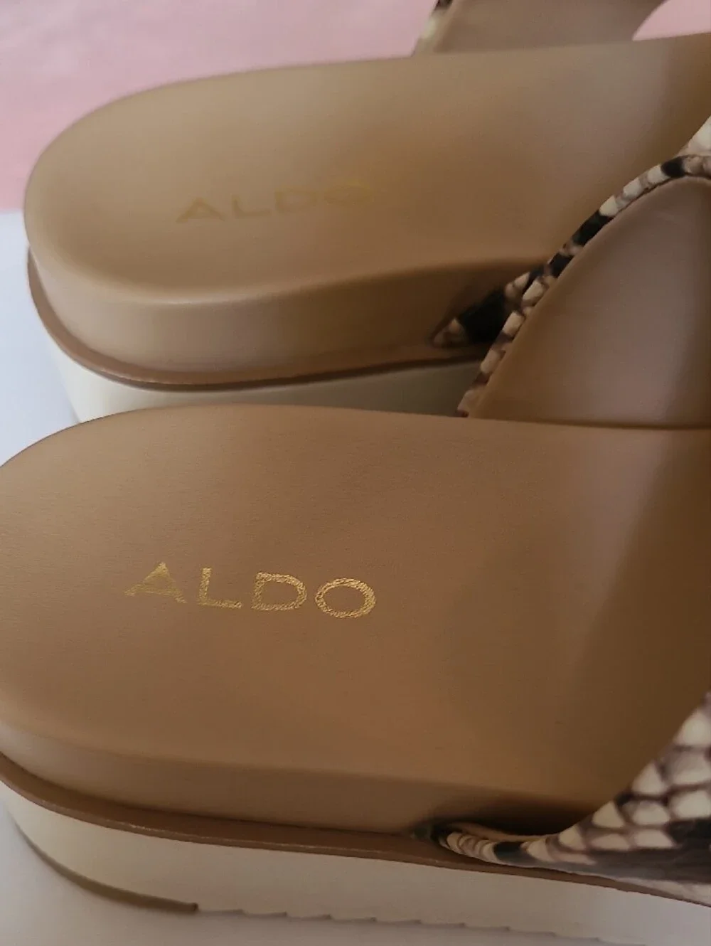 Aldo Snake-Print Dual Strap Platform Sandals in Beige & White